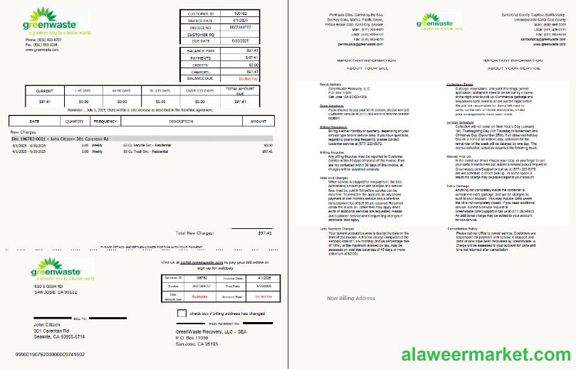 USA Green Waste utility bill template in Word and PDF formats, 2 pages